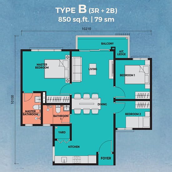Exsim Kuantan - Sea Crestz Kuantan Waterfront Resort City_Layout Plan Type B 805 sqft