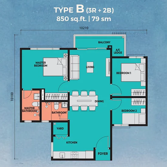 Exsim Kuantan - Sea Crestz Kuantan Waterfront Resort City_Layout Plan Type B 805 sqft