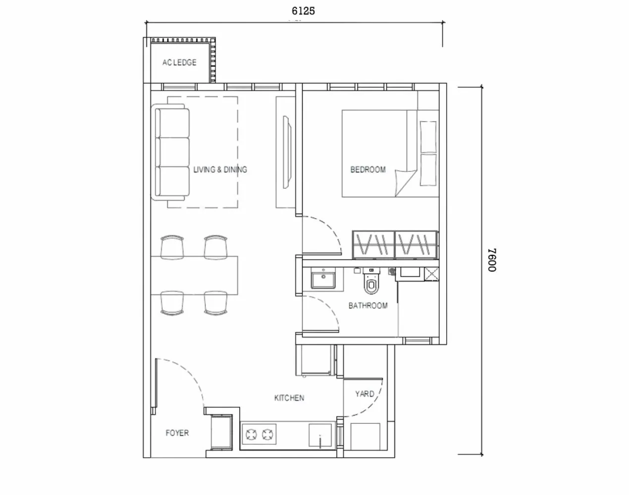 EXSIM CIQ Causewayz Square @ JBCC Type C layout plan – 474 sqft, featuring a 1-bedroom compact design with integrated living and dining area.