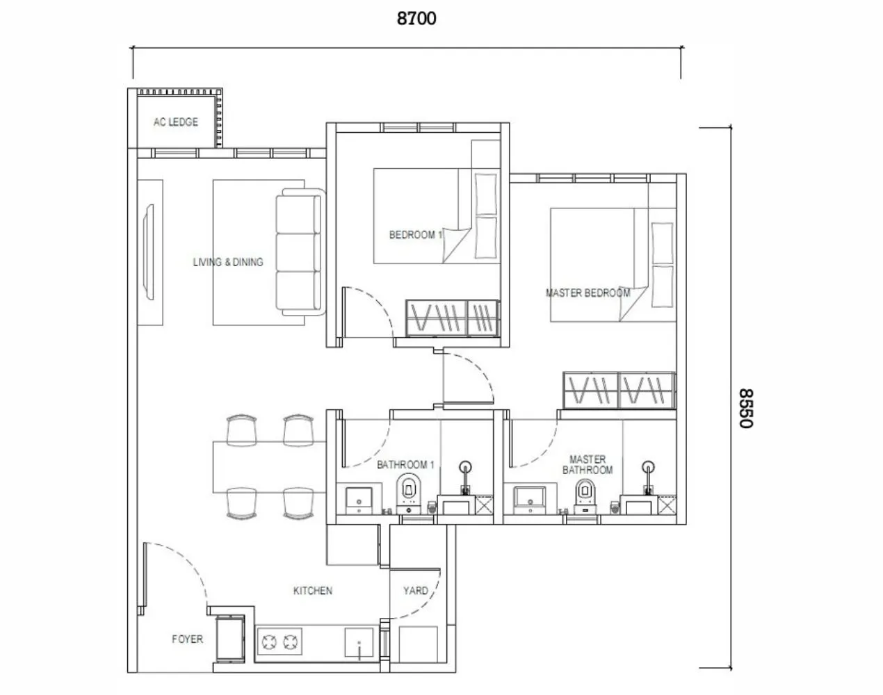 Causewayz Square @ JBCC Type D1 layout by EXSIM CIQ – 667 sqft unit with 2 bedrooms and 2 bathrooms, ideal for small families or dual rental strategies