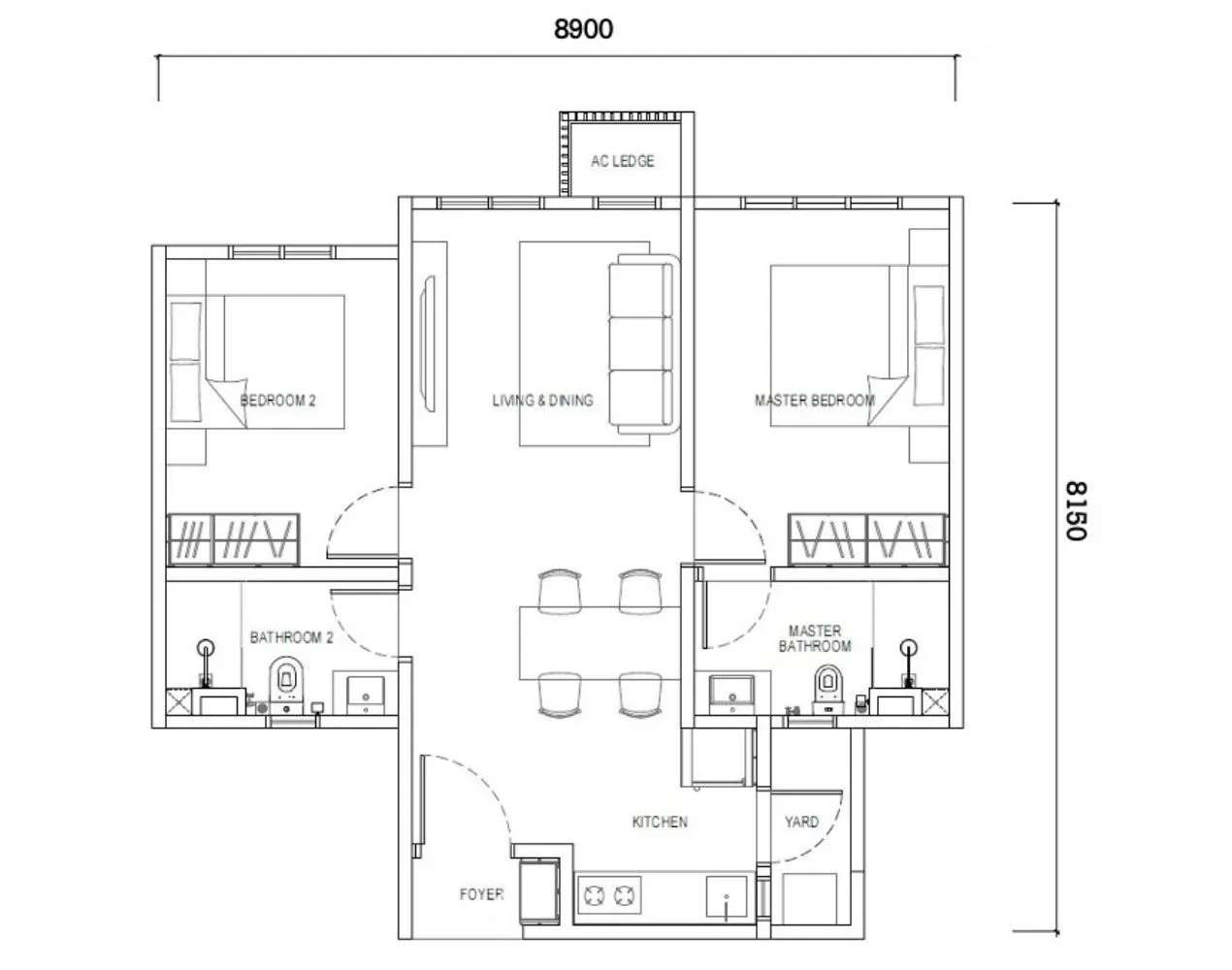 EXSIM Causewayz Square @ JBCC layout plan Type D2 – 667 sqft unit featuring efficient two-bedroom configuration with open-plan living and dining