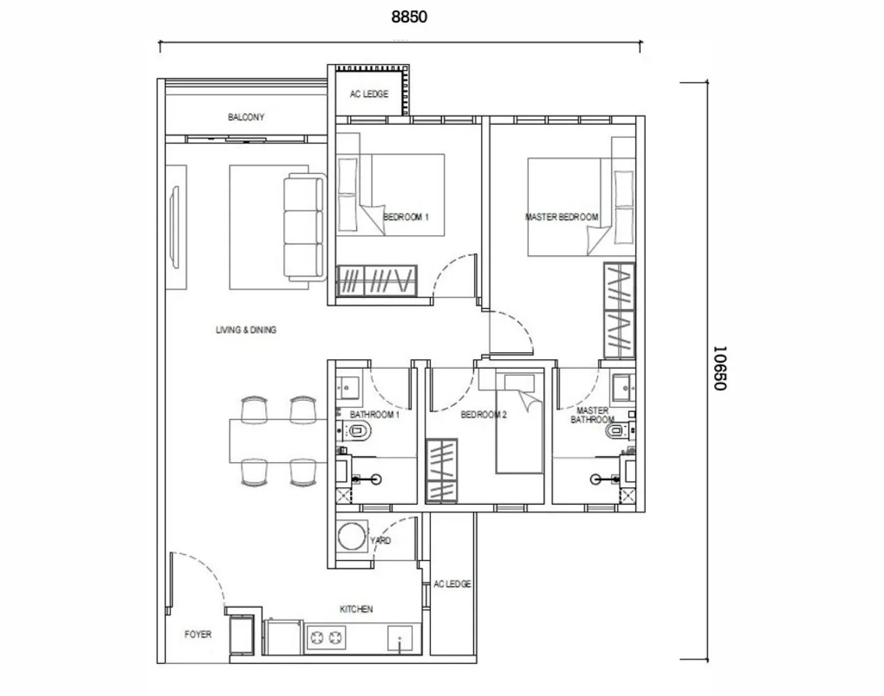 EXSIM CIQ Type E1 layout at Causewayz Square @ JBCC – spacious 850 sqft layout with 3 bedrooms, balcony access, and dual bathrooms.