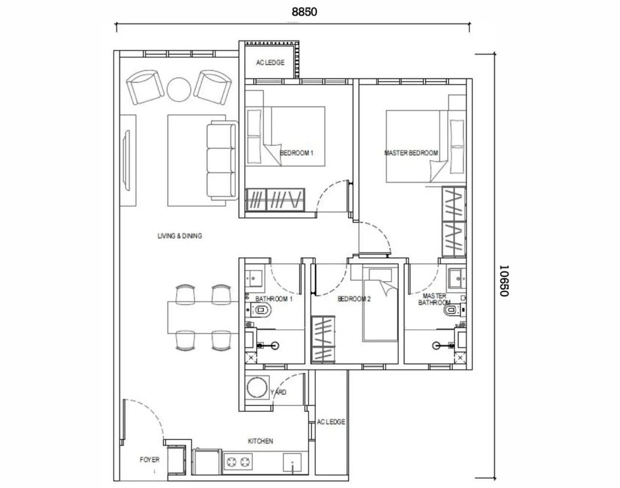 Causewayz Square @ JBCC Type E2 floor plan by EXSIM CIQ – 850 sqft corner unit featuring 3 bedrooms, ideal for family living or short-term rental.