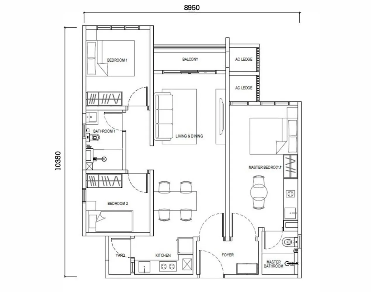 EXSIM CIQ Type F1 layout at Causewayz Square @ JBCC – 850 sqft practical unit with separated wet yard, 3 bedrooms, and well-ventilated living area.