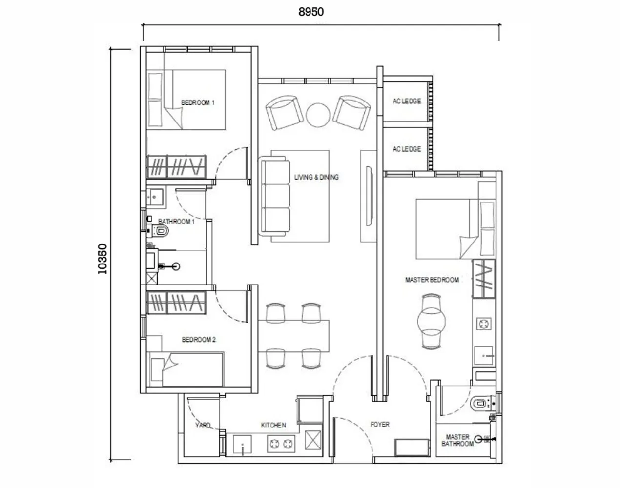 Type F2 floor plan at Causewayz Square @ JBCC – 850 sqft EXSIM CIQ layout with spacious living & dining, 3 bedrooms, and versatile usage.