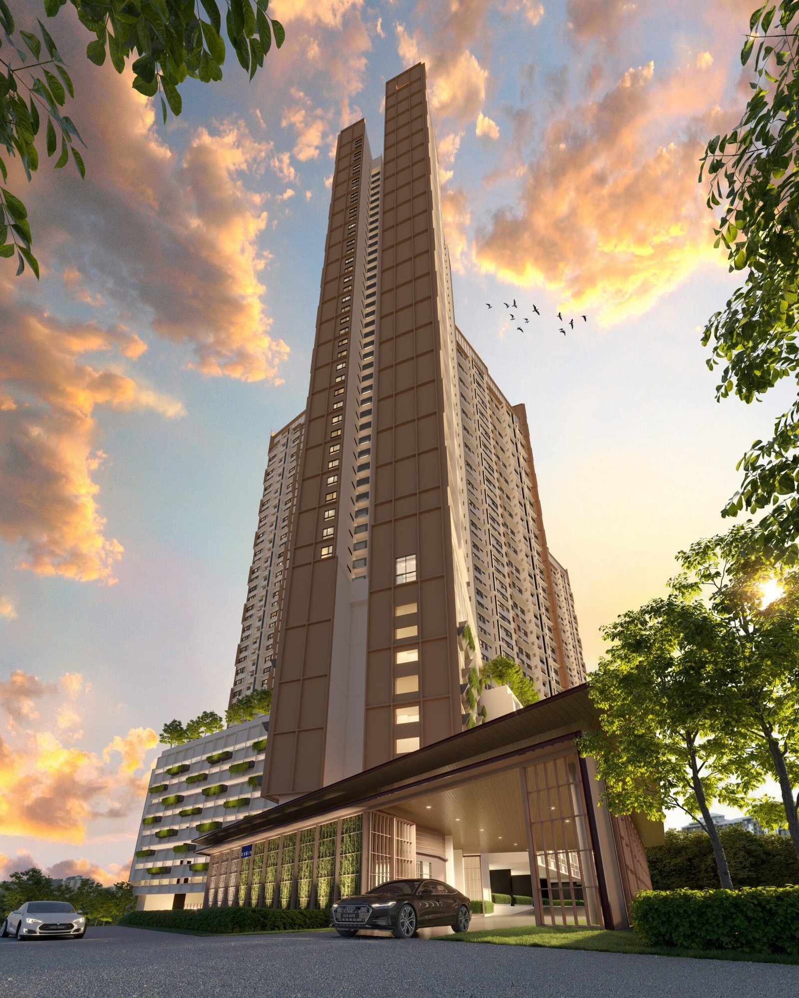 Evening perspective of The Queenswoodz EXSIM @ Bukit Jalil, showcasing its elegant towers, landscaped podium, and grand entrance for a premium lifestyle.