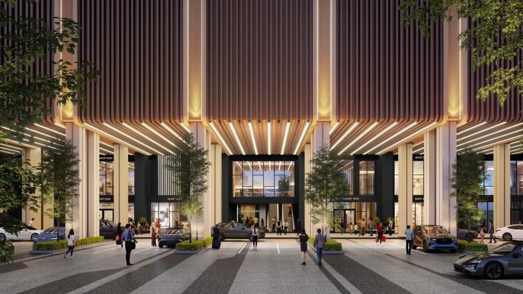 Retail podium entrance at Causewayz Square @ JBCC by EXSIM, showcasing high-street style shopfronts, dining areas, and drop-off zone in the exsim ciq lifestyle hub