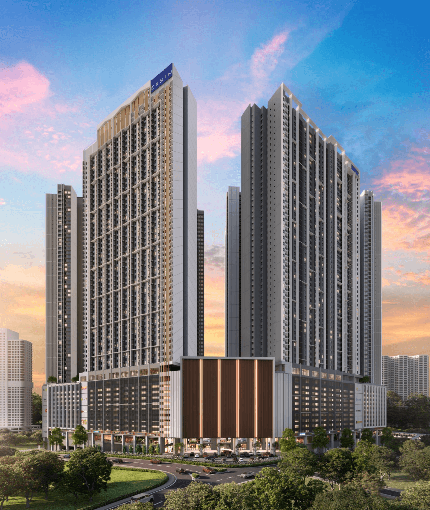 Front view of EXSIM’s Causewayz Square @ JBCC with contemporary facade design, strategically located near CIQ Johor Bahru