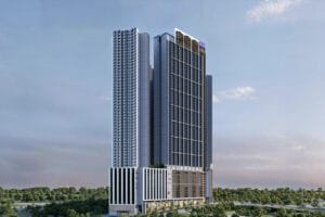 exsim-new-project-exsim-ciq-causewayz-square-jbcc-facade-tower-b-brixton Angled perspective of Tower B (Brixton) at Causewayz Square @ JBCC by EXSIM, showcasing vertical lines and high-rise structure with urban backdrop