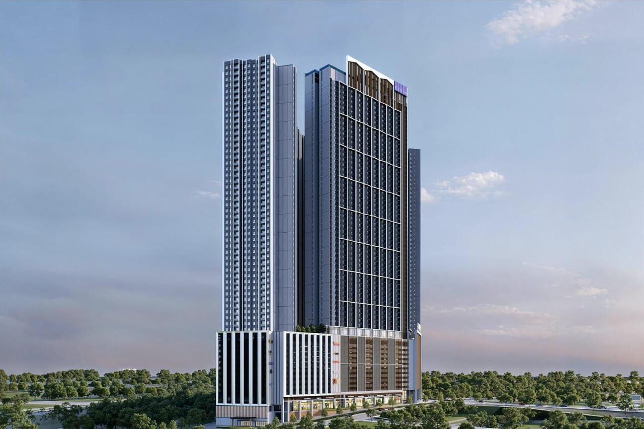 Angled perspective of Tower B (Brixton) at Causewayz Square @ JBCC by EXSIM, showcasing vertical lines and high-rise structure with urban backdrop