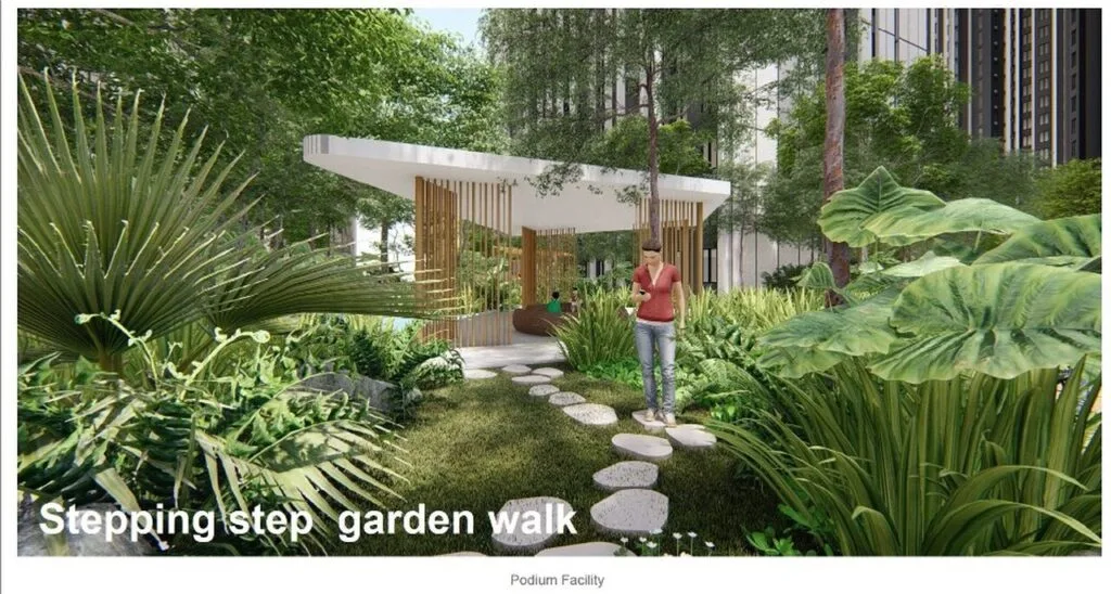 Stepping stone garden walk at Causewayz Square @ JBCC by EXSIM, a tranquil podium facility with greenery and shaded seating area.
