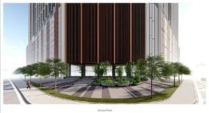 exsim-new-project-exsim-ciq-causewayz-square-jbcc-facilities-ground floor-3 Ground floor plaza of Causewayz Square @ JBCC by EXSIM, featuring modern façade cladding with shaded walkways and trees along the street.