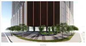 exsim-new-project-exsim-ciq-causewayz-square-jbcc-facilities-ground floor-3 Ground floor plaza of Causewayz Square @ JBCC by EXSIM, featuring modern façade cladding with shaded walkways and trees along the street.