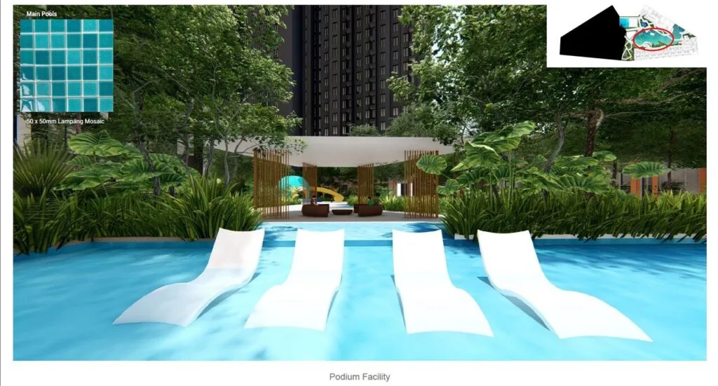 Main pool area at EXSIM CIQ Causewayz Square @ JBCC podium level, with sun loungers and tropical landscaping for a resort-style experience.