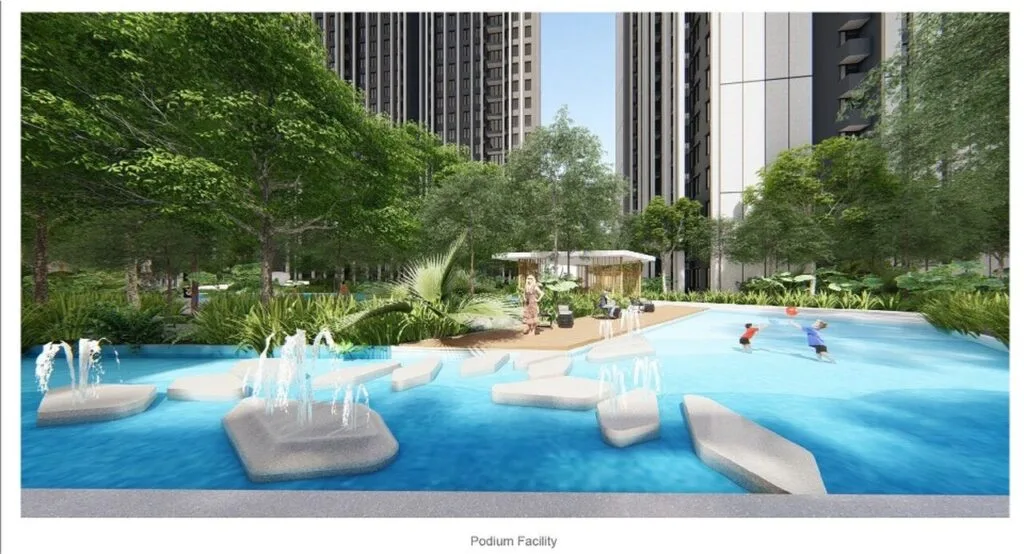 Family-friendly water feature zone at Causewayz Square @ JBCC by EXSIM, complete with stepping stones and fountains for kids to enjoy