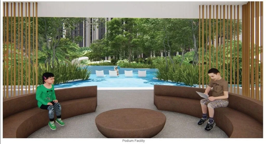 Relaxation lounge beside the pool at EXSIM CIQ Causewayz Square @ JBCC, offering shaded seating with tranquil views of nature-inspired water elements.
