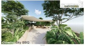 exsim-new-project-exsim-ciq-causewayz-square-jbcc-facilities-sky-bbq-area Sky BBQ area at Causewayz Square @ JBCC by EXSIM, a rooftop leisure space with dining tables shaded by sculptural canopy, surrounded by lush greenery.