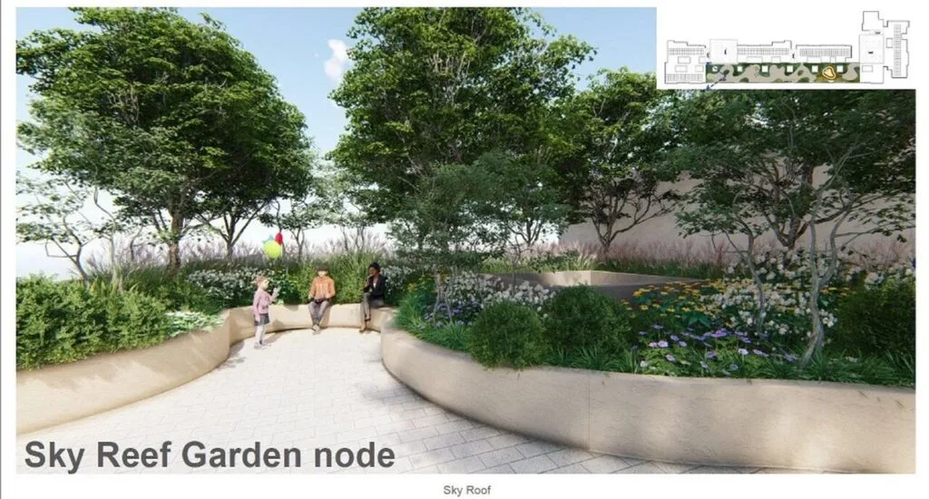 Another angle of the Sky Reef Garden node at Causewayz Square @ JBCC, offering peaceful rooftop seating amidst trees and floral landscapes.