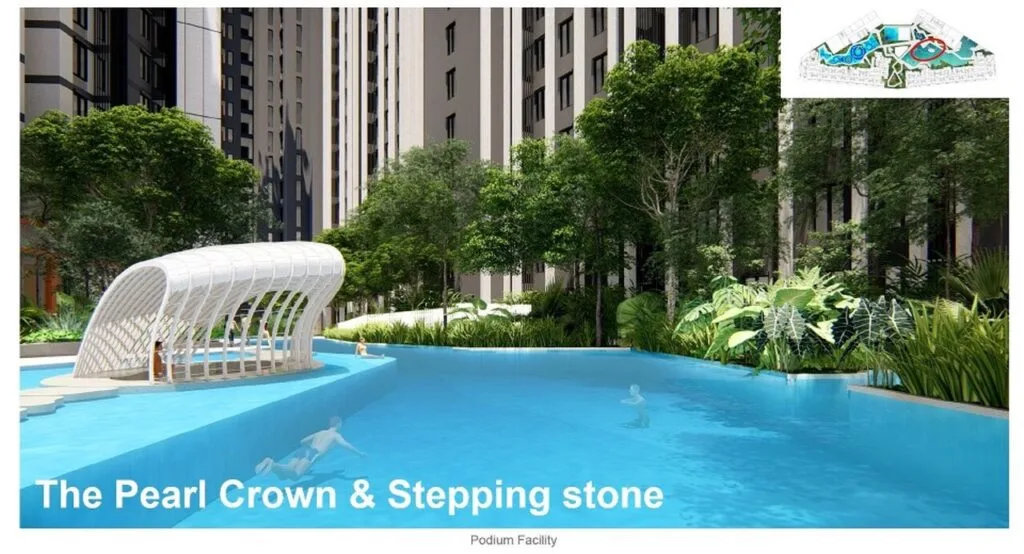 Signature Pearl Crown structure and stepping stone pool at EXSIM CIQ Causewayz Square @ JBCC, blending architecture with water play and lush gardens.