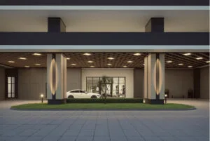 exsim-new-project-exsim-ciq-causewayz-square-jbcc-facilities-tower-b-2-brixton-lower-ground-drop-off-lobby Covered lower ground lobby for Tower B 2 (Brixton) at Causewayz Square @ JBCC by EXSIM, showcasing upscale entrance with soft-lit pillars and green elements