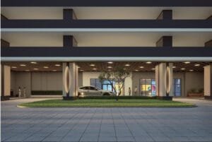 exsim-new-project-exsim-ciq-causewayz-square-jbcc-facilities-tower-d-1-lower-ground-drop-off-lobby Lower ground entrance to Tower D 1 at EXSIM CIQ Causewayz Square @ JBCC, with clean architectural lines, symmetrical lighting, and pedestrian-friendly design.