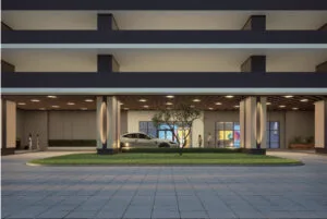 exsim-new-project-exsim-ciq-causewayz-square-jbcc-facilities-tower-d-1-lower-ground-drop-off-lobby Lower ground entrance to Tower D 1 at EXSIM CIQ Causewayz Square @ JBCC, with clean architectural lines, symmetrical lighting, and pedestrian-friendly design.