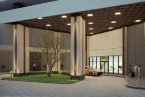 exsim-new-project-exsim-ciq-causewayz-square-jbcc-facilities-tower-d-2-lower-ground-floor-drop-off-lobby Driveway access to Tower D2 lower ground drop-off lobby at Causewayz Square @ JBCC by EXSIM, framed by landscaped greenery and warm lighting.