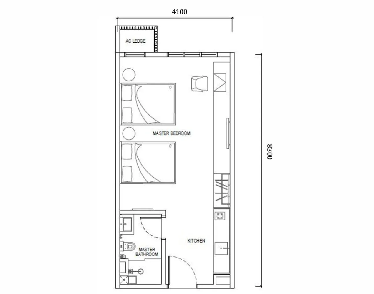 Type A layout at Causewayz Square @ JBCC by EXSIM — a compact 336 sqft studio-style unit with integrated master bedroom, kitchen, and bathroom, ideal for single professionals near the CIQ.