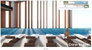 Coral-inspired poolside lounge at Axis Tower’s sky roof, Causewayz Square @ JBCC by EXSIM — a tranquil retreat area in the exsim ciq integrated development.