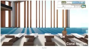 Coral-inspired poolside lounge at Axis Tower’s sky roof, Causewayz Square @ JBCC by EXSIM — a tranquil retreat area in the exsim ciq integrated development.