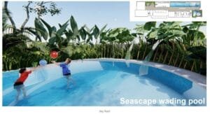 Seascape-themed wading pool at Axis Tower, Causewayz Square @ JBCC — a playful rooftop water feature for children, located in EXSIM’s exsim ciq project.