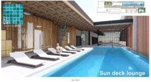 Sun deck lounge next to the infinity pool at Axis Tower, Causewayz Square @ JBCC, a relaxing rooftop leisure zone in EXSIM’s exsim ciq freehold project.