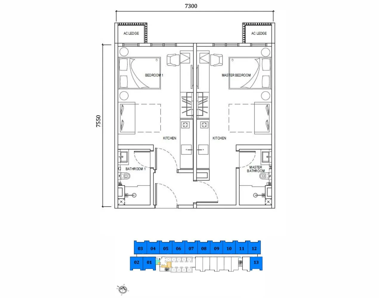 Type B 592 sqft dual-key layout at Axis Tower, Causewayz Square @ JBCC. Developed by EXSIM CIQ, featuring two bedrooms and two bathrooms—suitable for multi-tenant rental strategies.