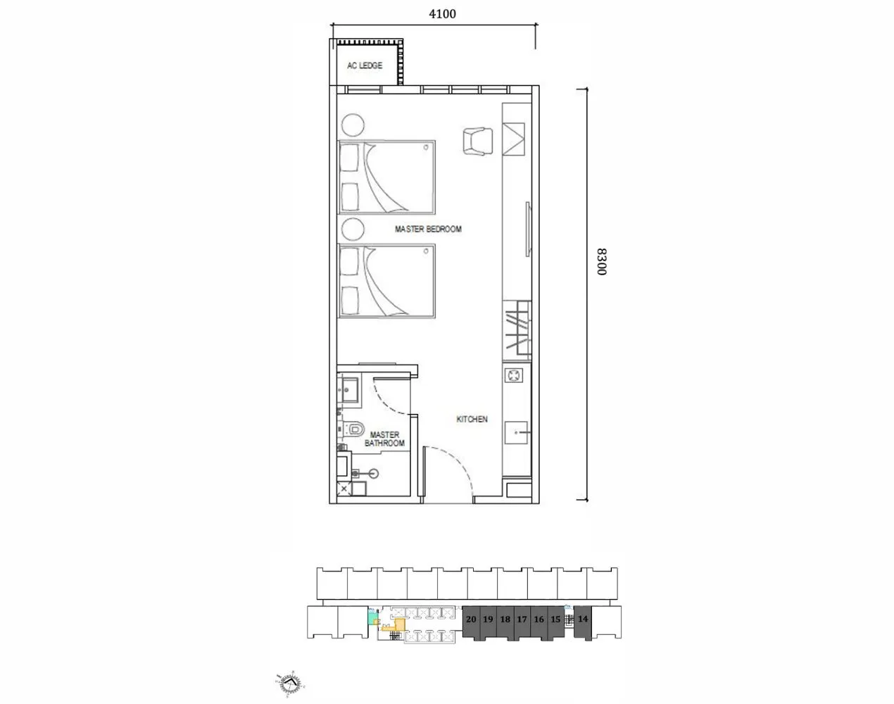 Type A 336 sqft layout plan for Tower A (Axis Tower) at Causewayz Square @ JBCC by EXSIM CIQ – featuring a compact studio layout with AC ledge and ensuite bathroom
