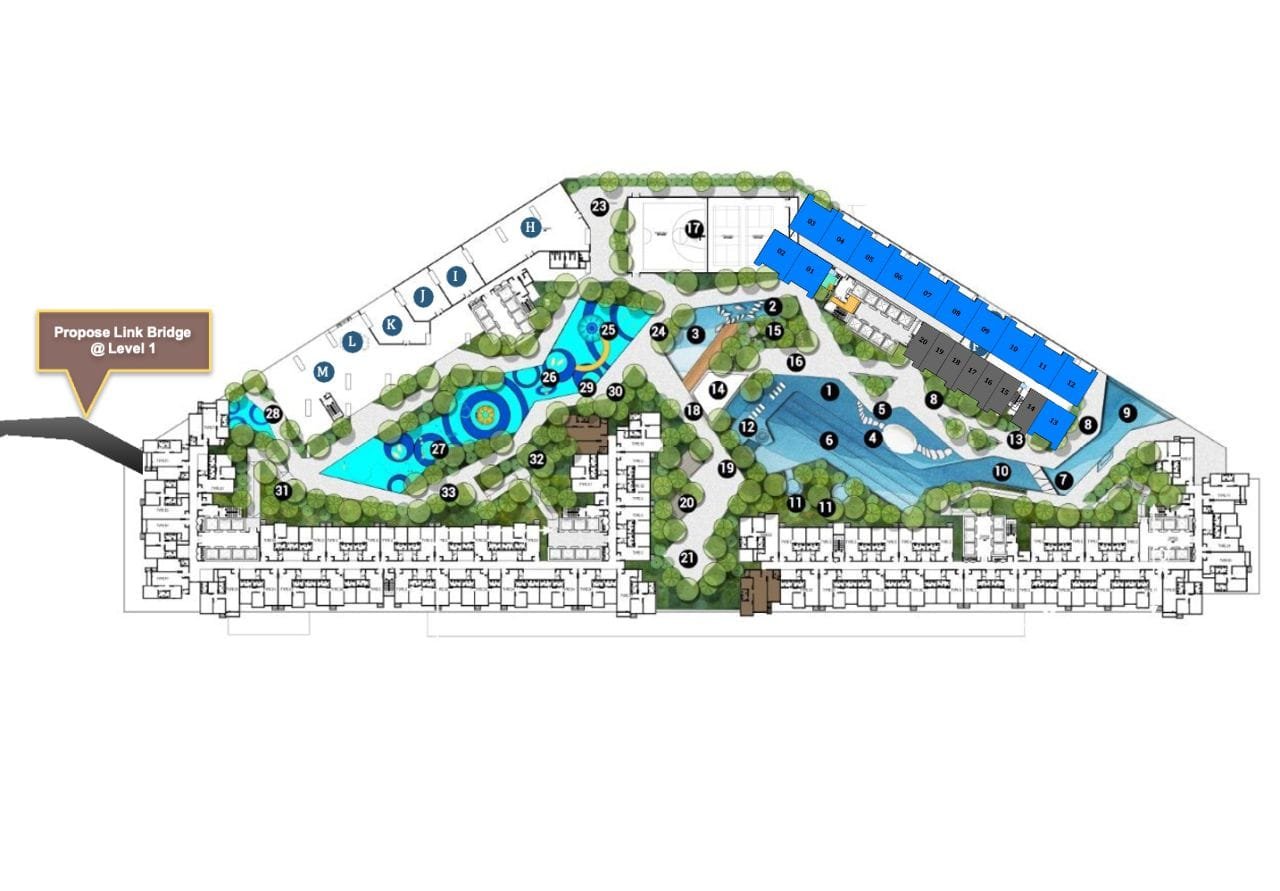 Axis Tower (Tower A) layout and podium-level facilities plan at Causewayz Square @ JBCC by EXSIM, showcasing residential unit positioning, landscape features, water elements, and the proposed CIQ link bridge in the exsim ciq development.