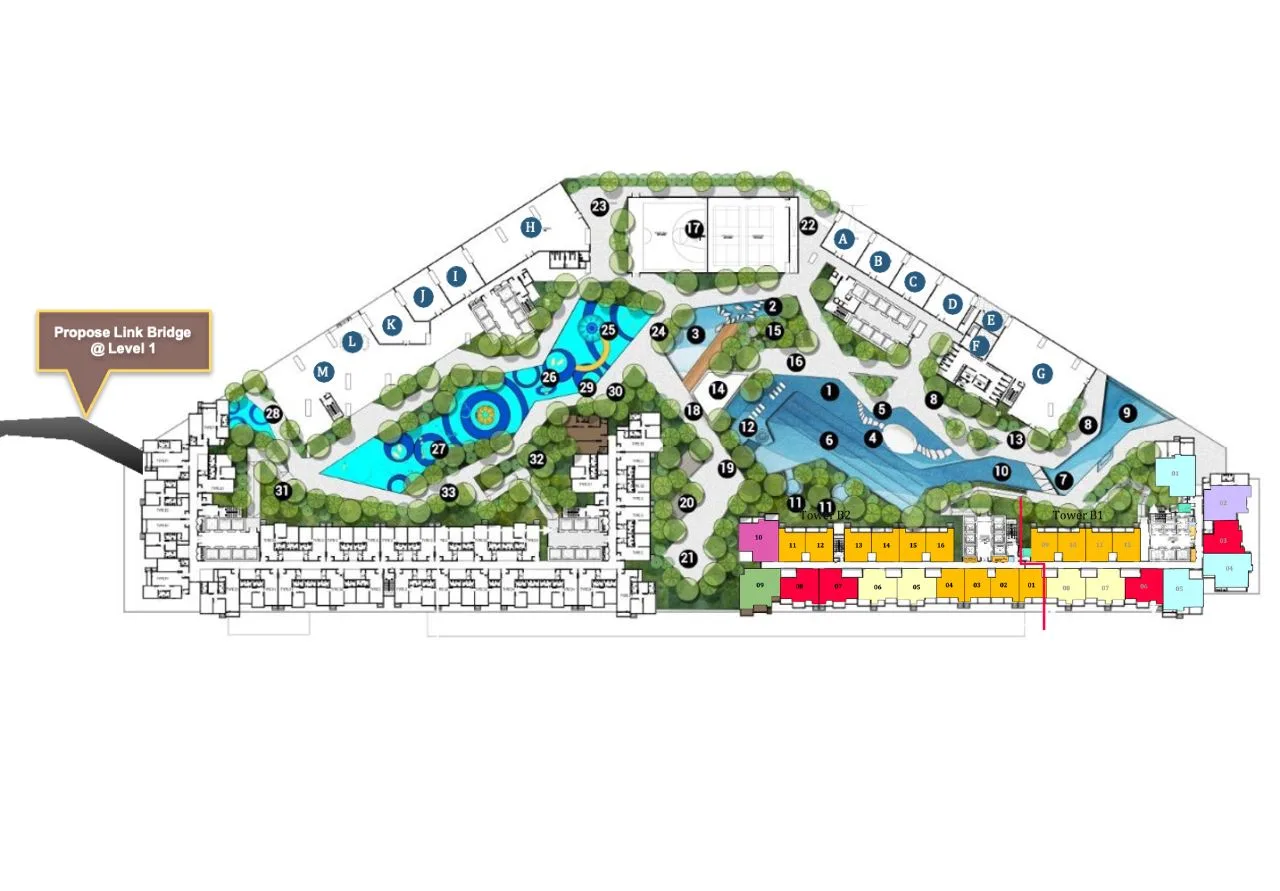 Causewayz Square @ JBCC Tower B (Brixton) site plan by EXSIM CIQ – illustrated podium-level facilities layout with proposed link bridge to Johor–Singapore CIQ, water features, green landscaping, and dual residential towers with vibrant unit distribution.
