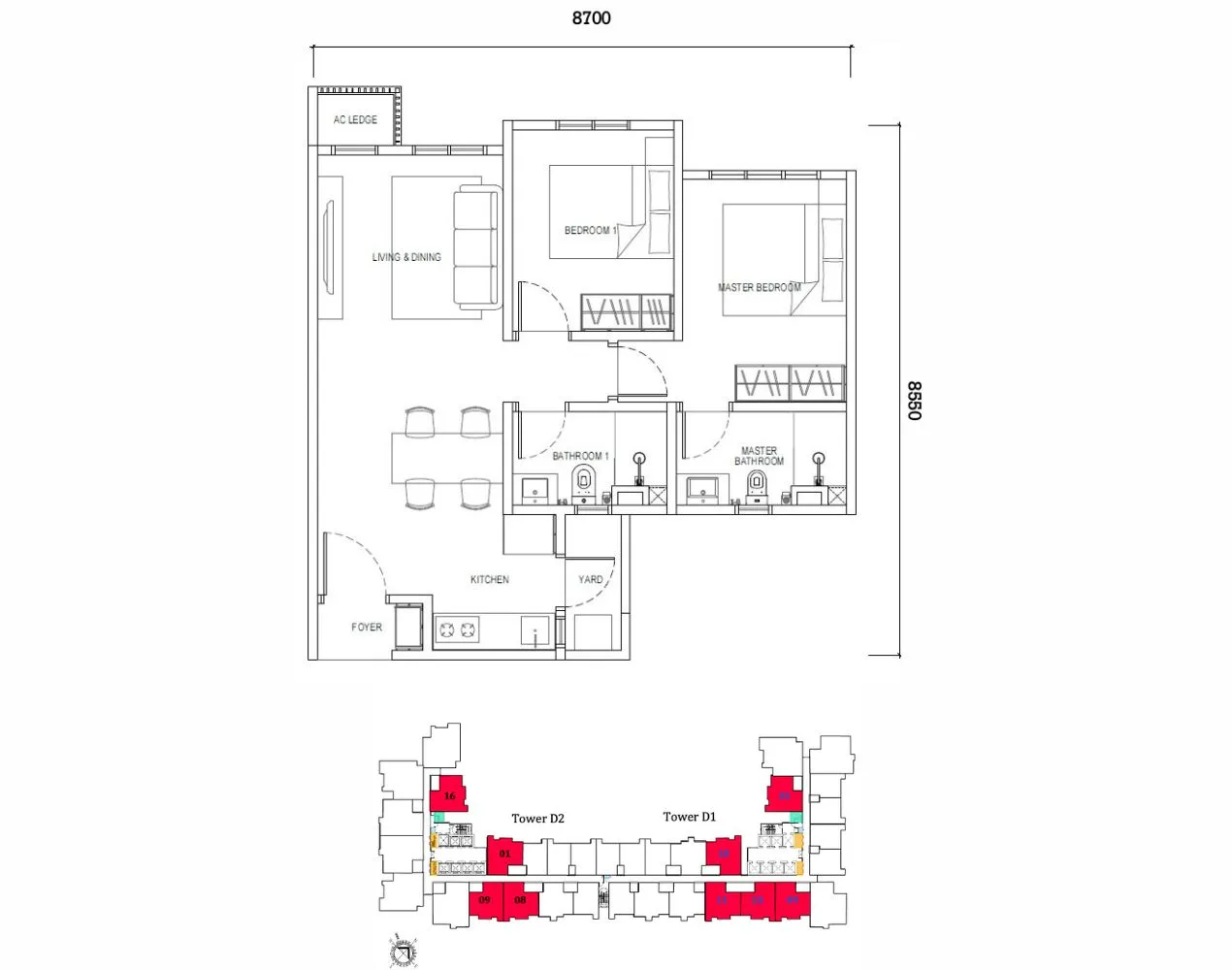 Type D1 floor plan at Dover Tower, Causewayz Square @ JBCC — 667 sqft with 2 bedrooms and 2 bathrooms, ideal for young couples in EXSIM’s exsim ciq freehold project.