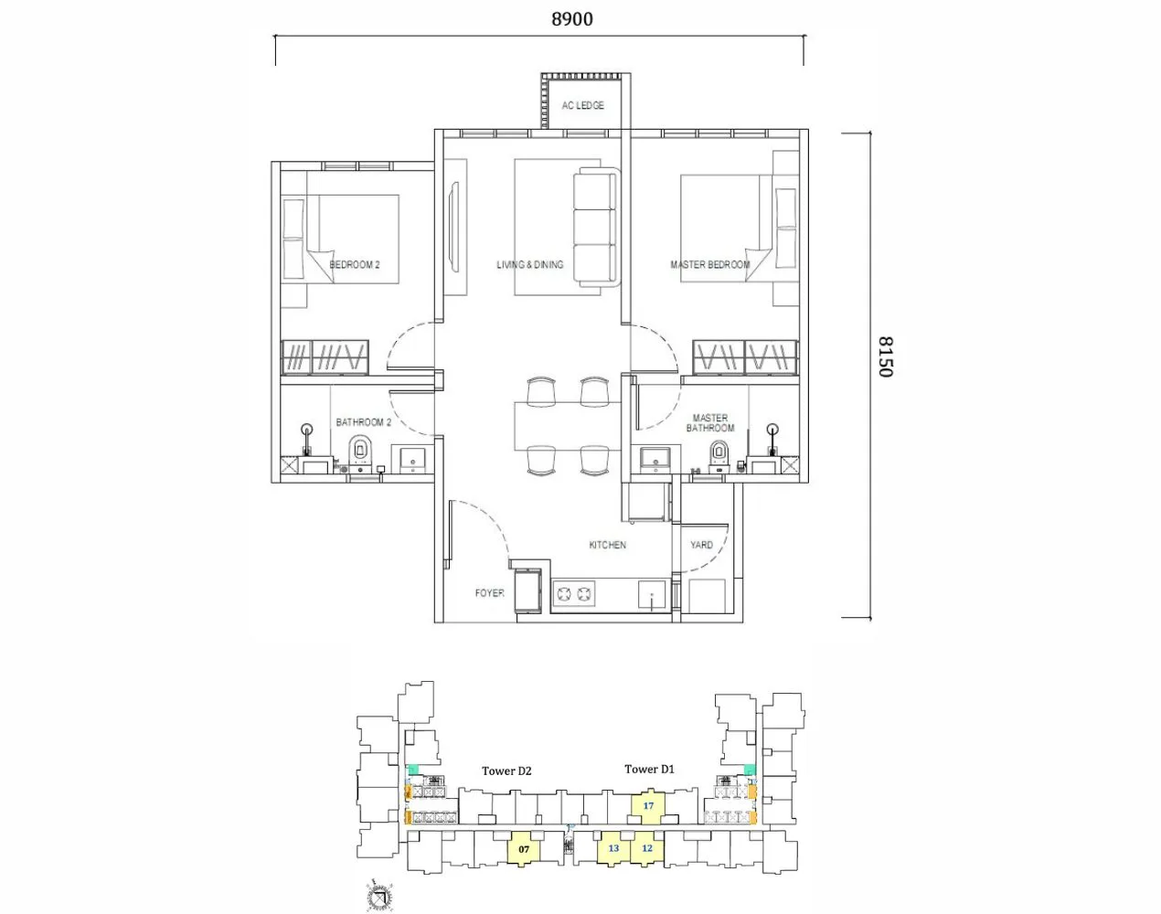 Type D2 layout design in Dover Tower, Causewayz Square @ JBCC — 667 sqft, offering functional dual-bedroom configuration and efficient kitchen layout within the exsim ciq development.