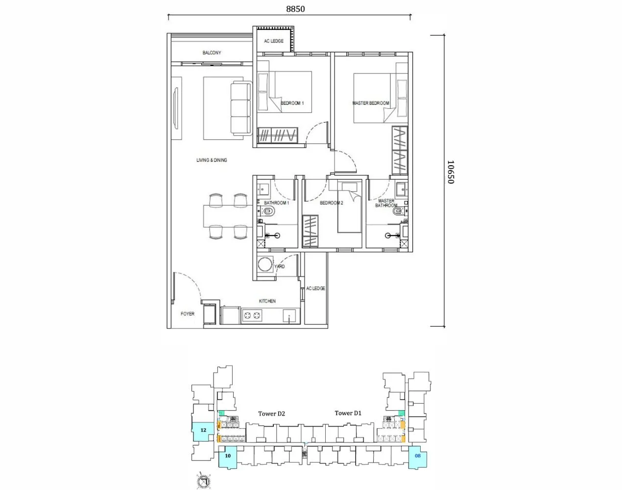 EXSIM Type E1 unit at Causewayz Square @ JBCC, Dover Tower — 850 sqft with 3 bedrooms and 2 bathrooms, designed for families seeking practical space near CIQ.