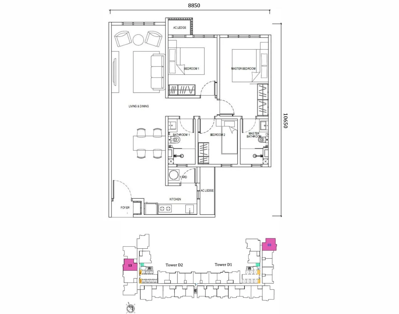 Dover Tower Type E2 floor plan — 850 sqft at Causewayz Square @ JBCC by EXSIM, featuring spacious layout with central living room and dual-bathroom configuration in the exsim ciq residence.