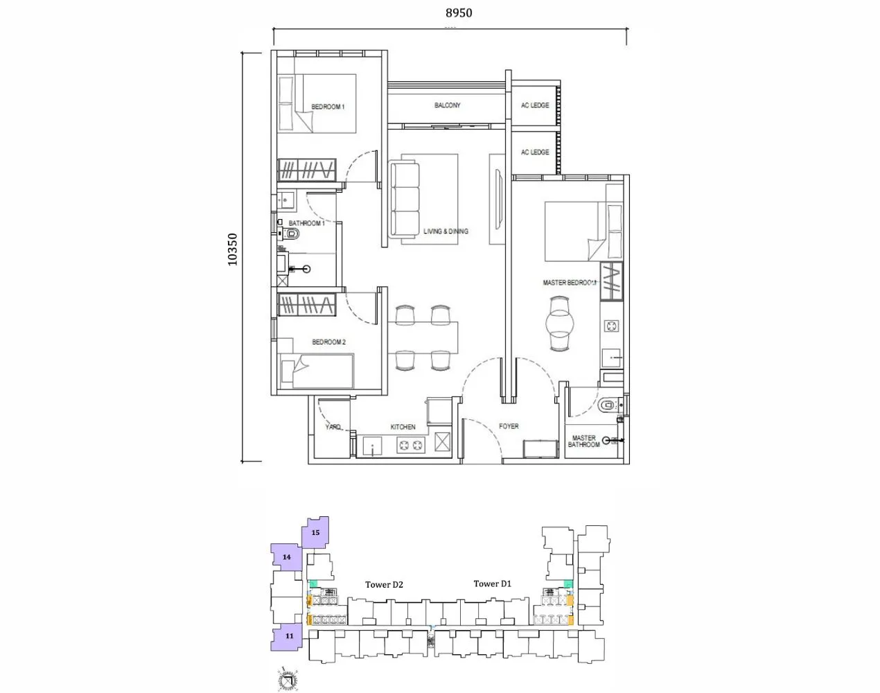 Causewayz Square @ JBCC Type F1 layout at Dover Tower — 850 sqft with balcony and 3-bedroom setting, part of EXSIM’s freehold exsim ciq project in Johor Bahru.