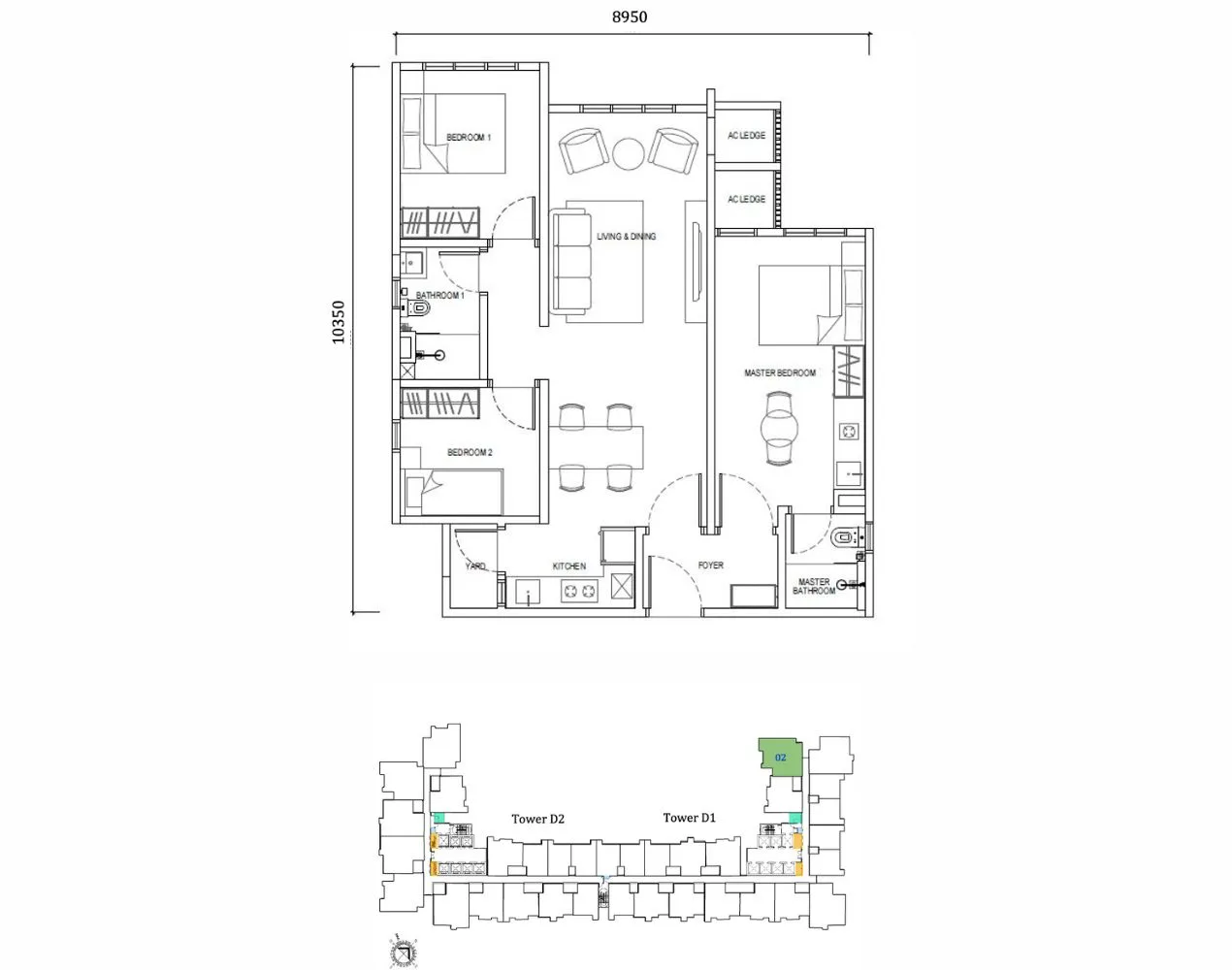 EXSIM’s Type F2 unit layout at Dover Tower, Causewayz Square @ JBCC — a 3-bedroom, 2-bathroom home with efficient spatial flow in the exsim ciq integrated development.
