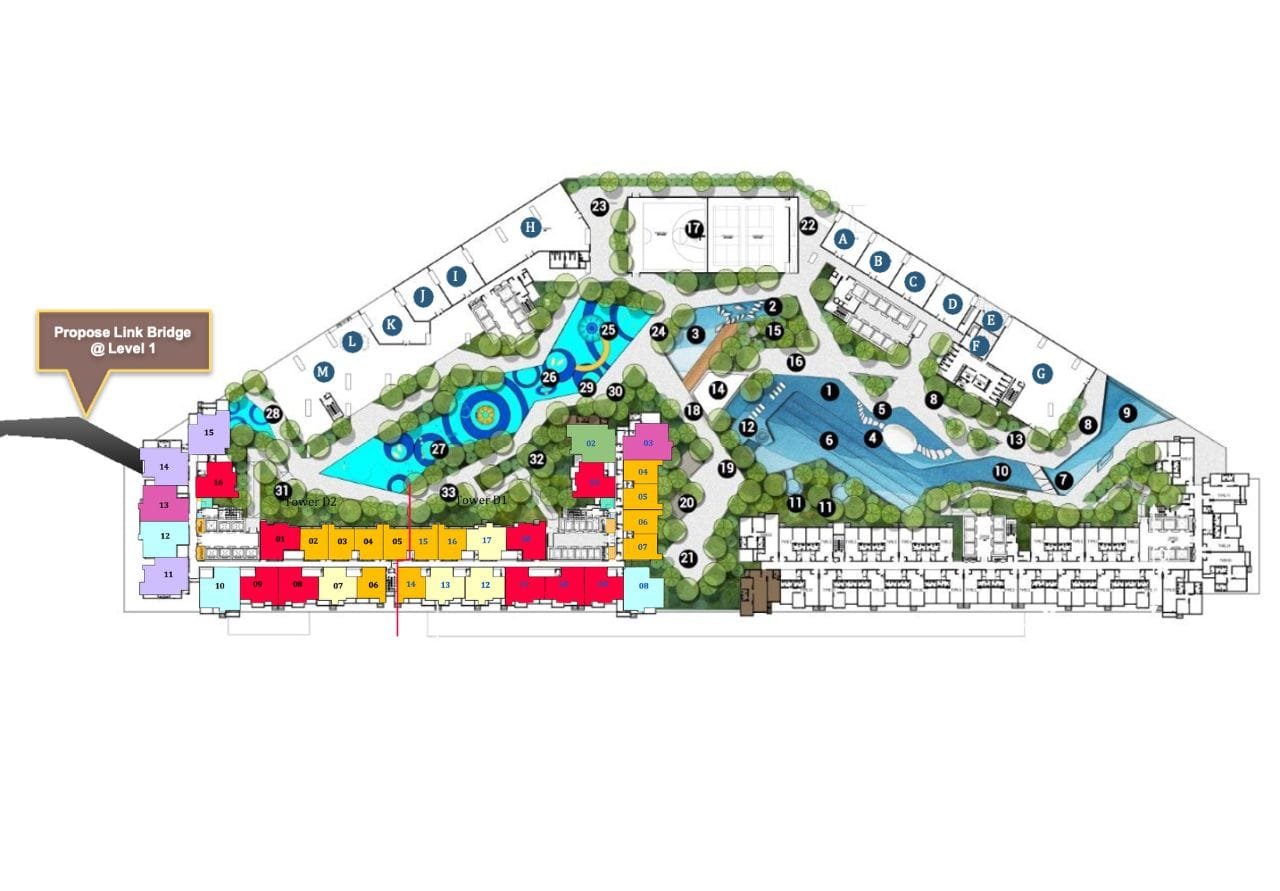 Causewayz Square @ JBCC Tower D (Dover) site plan by EXSIM CIQ – showcases podium-level facilities including landscaped gardens, water features, and the proposed Level 1 link bridge to Johor–Singapore CIQ, with color-coded residential layout.