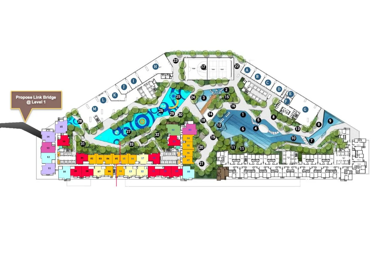 Causewayz Square @ JBCC Tower D (Dover) site plan by EXSIM CIQ – showcases podium-level facilities including landscaped gardens, water features, and the proposed Level 1 link bridge to Johor–Singapore CIQ, with color-coded residential layout.