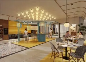 Colorful community kitchen and casual dining space in The Bedrock @ Jesselton Docklands, crafted for resident interaction by EXSIM Sabah