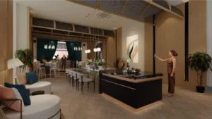 Elegant multipurpose lounge and dining area at The Bedrock @ Jesselton Docklands, offering refined communal spaces by EXSIM Sabah.