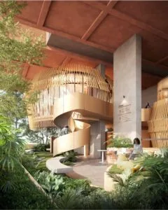 Architectural spiral staircase and elevated pavilion in The Bedrock @ Jesselton Docklands’ pocket garden, blending modern structure with lush Sabah greenery.