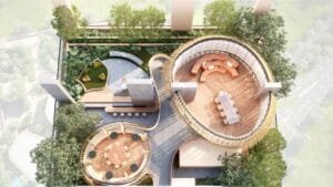 Pocket Garden Rooftop Pavilion | Bedrock Facilities Top-down view of The Bedrock @ Jesselton Docklands pocket garden, showcasing rooftop pavilions and lush greenery in EXSIM Sabah’s signature design.