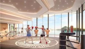 Rooftop boxing gym facility at The Bedrock, Jesselton Docklands by EXSIM Sabah, with panoramic ocean views and professional-grade fitness amenities