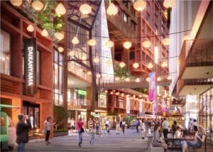 Lifestyle Festive Street | The Bedrock @ Jesselton Docklands Lifestyle street at The Bedrock in Jesselton Docklands, featuring alfresco dining, boutique stores, and festive lantern decorations by EXSIM Sabah.